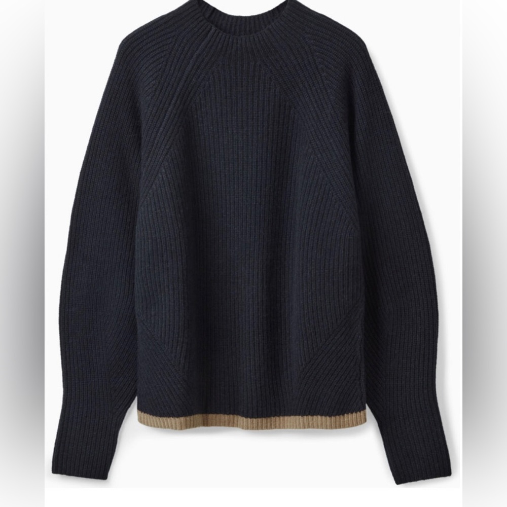 Women's COS Black 100% Cashmere Sweater with Tan Detail Mockneck